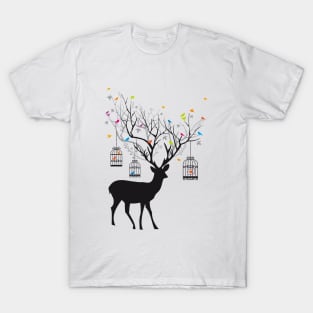 Deer with birds and birdcages T-Shirt